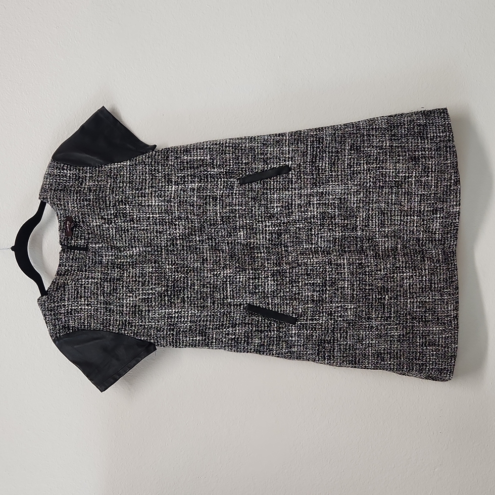 Imoga Tweed Dress Faux Leather Sleeves & Pocket Sz 14